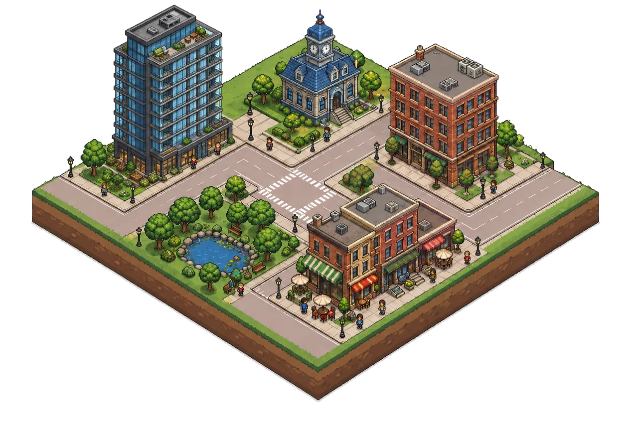 Same neighborhood with a taller building replacing the townhouse row